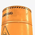 Industrial Radioactive Waste Storage Drum With Orange Color Skull Symbol And Warning Sign
