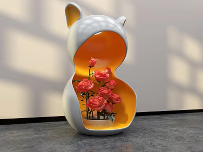 Creative Floral Display With White Orange Cat Ear Design Vase And Pink Roses 3d model
