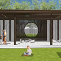 Modern Wooden Pergola With Lawn Area People Relaxing And Children Playing