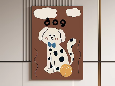Cute Dog Painting With Black White Spots Blue Bow Tie Yellow Ball Clouds Brown Background 3d model
