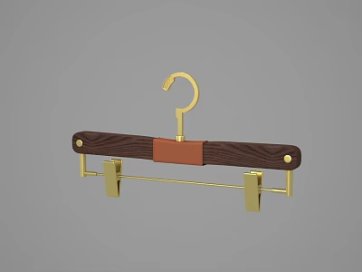 Elegant Wooden Hanger With Gold Metal Hook And Leather Strap Detail 3d model