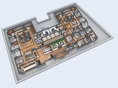Aerial View Of Complex Building Floor Plan With Multiple Rooms And Corridors 3d model