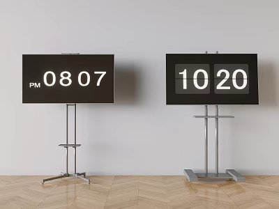 Modern Televisions Showing Time Display On Metal Stands Against Light Wall And Wooden Floor 3d model