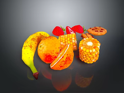 Fresh Assorted Fruits and Snacks Including Banana Strawberries Sliced Orange Corn and Cookies 3d model