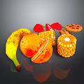 Fresh Assorted Fruits and Snacks Including Banana Strawberries Sliced Orange Corn and Cookies