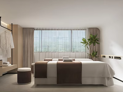 Beauty Hair Salon Treatment Room With Twin Beds White Linens Curtains And Potted Plant 3d model