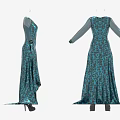 Blue Green Floral Pattern Long Sleeve V Neck Irregular Hem Women's Dress With Heels