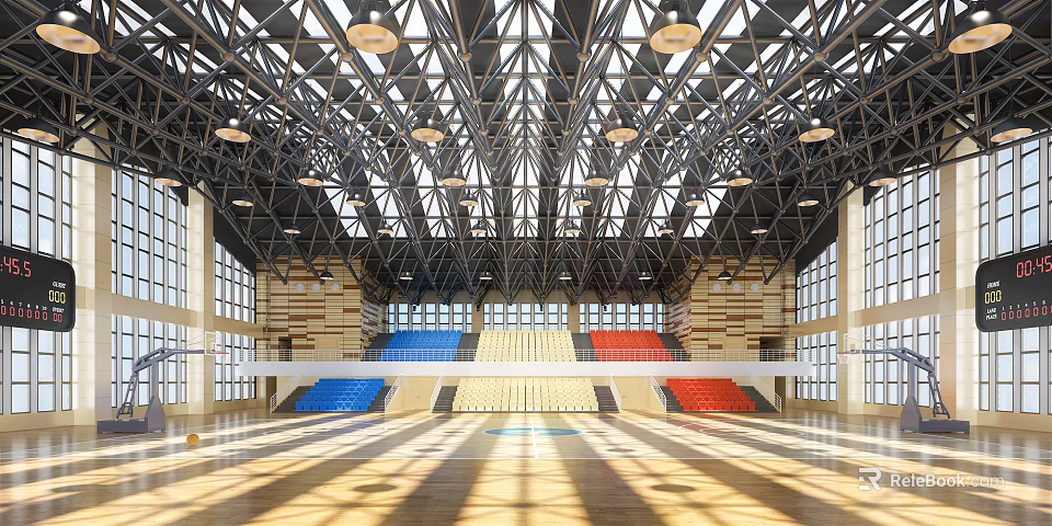 Modern Basketball Gymnasium with Steel Roof Structure Multicolored Seats Polished Wooden Floor and Lighting Fixtures 3d model 