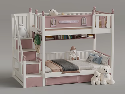 White And Pink Kids Bunk Bed With Staircase Storage Guardrails And Stuffed Toys 3d model