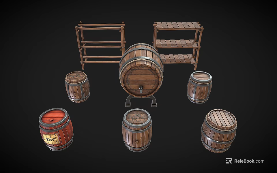 Vintage Wooden Barrels And Shelves In Various Sizes For Storage 3d model 