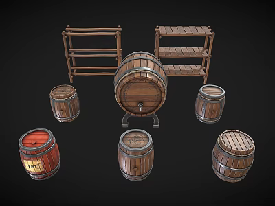 Vintage Wooden Barrels And Shelves In Various Sizes For Storage 3d model