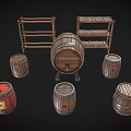 Vintage Wooden Barrels And Shelves In Various Sizes For Storage