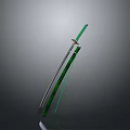 Sword With Green Scabbard And Shiny Metal Blade On Reflective Dark Surface