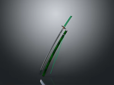 Sword With Green Scabbard And Shiny Metal Blade On Reflective Dark Surface 3d model