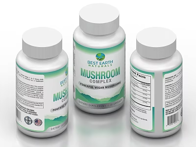 Best Earth Mushroom Medical Supplement Bottles With White Caps And Green Labels 3d model
