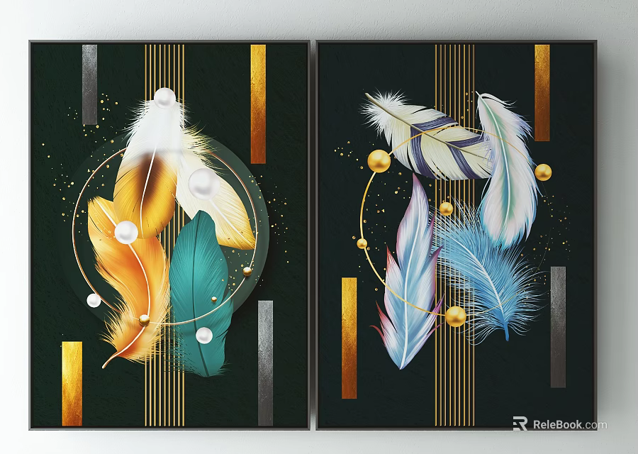 Artistic Decorative Paintings With Feathers Circular Accents And Golden Geometric Lines 3d model 