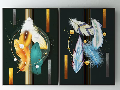 Artistic Decorative Paintings With Feathers Circular Accents And Golden Geometric Lines 3d model
