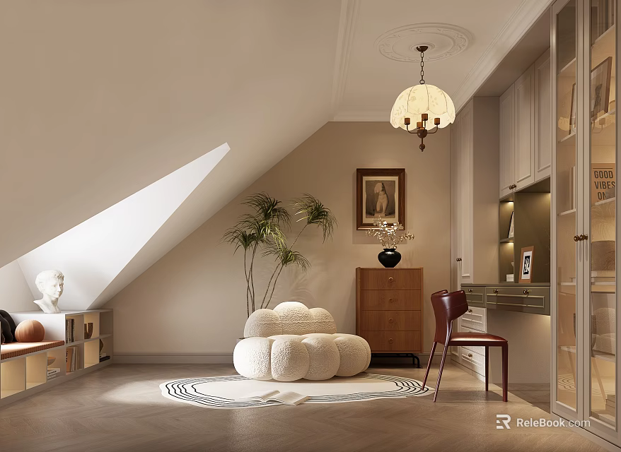 Attic Study Room With Sloped Window Cloud Cushion Wooden Chest Red Chair And Green Plant 3d model 
