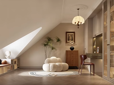 Attic Study Room With Sloped Window Cloud Cushion Wooden Chest Red Chair And Green Plant 3d model