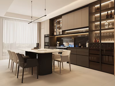 Modern Restaurant Interior Design With Dining Table Chairs Cabinets And Pendant Lighting 3d model