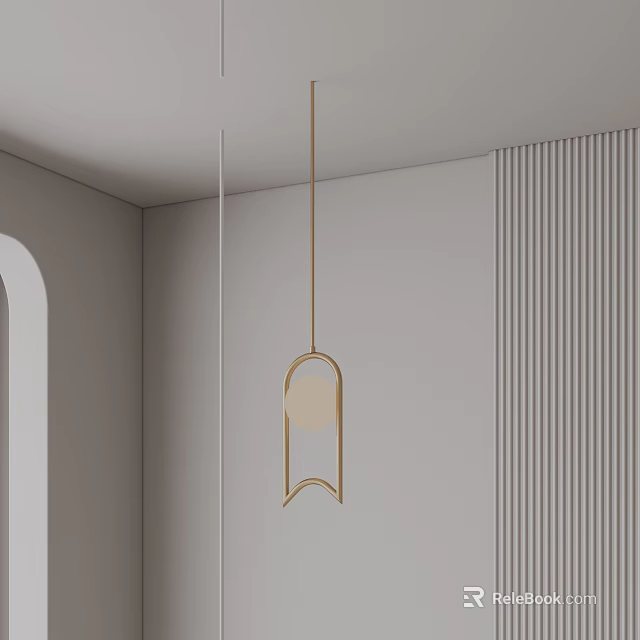 Elegant Modern Gold Pendant Light with Curved Arch Design in Minimalist Interior with Textured Wall 3d model 