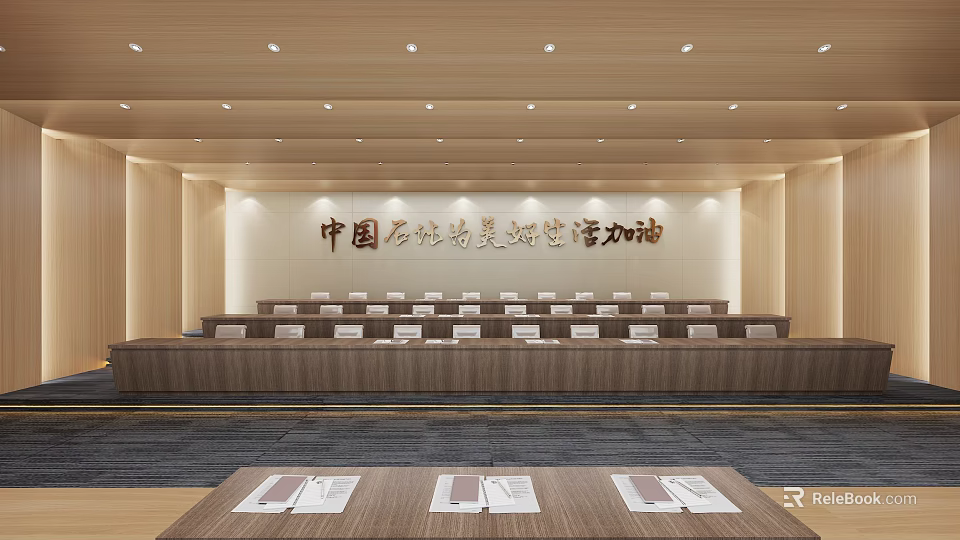 Spacious Conference Room With Neatly Arranged Tables Chairs Wooden Decor Podium And Chinese Stone Slogan 3d model 