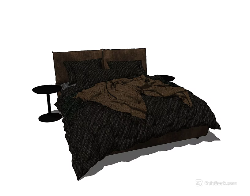 Double Bed With Dark Textured Bedding And Two Nightstands In Bedroom 3d model 