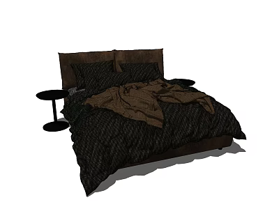 Double Bed With Dark Textured Bedding And Two Nightstands In Bedroom 3d model