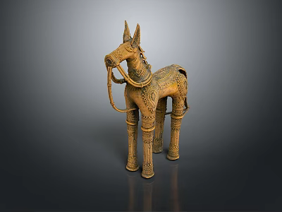 Ancient Bronze Horse Sculpture With Intricate Carvings And Ornate Reins Design 3d model