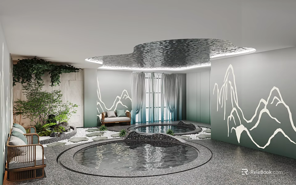 Zen Style Clubhouse Interior With Pool And Mountain Decor 3d model 