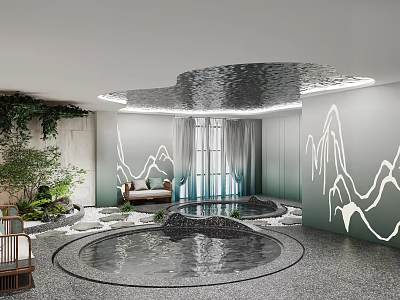 Zen Style Clubhouse Interior With Pool And Mountain Decor 3d model