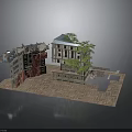 Urban Damaged Building Structures With Platform Trees And Brick Paved Ground