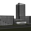Modern Office Building Complex With Glass Walls Tall And Low Rise Structures And Greenery