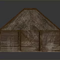 Scenic Rustic Wooden Cabin in Natural Landscape with Sloped Purple Brown Roof and Small Windows