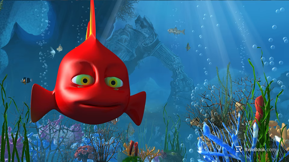 Vibrant Red Fish With Big Yellow Eyes Swimming Near Sunken Ship And Coral Reef 3d model 