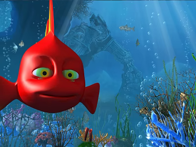 Vibrant Red Fish With Big Yellow Eyes Swimming Near Sunken Ship And Coral Reef 3d model
