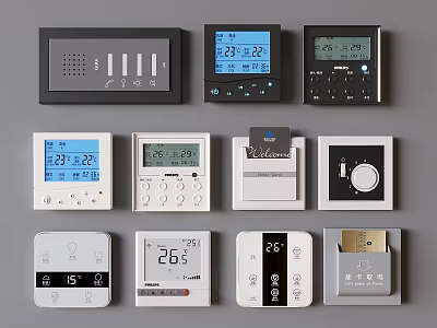 Various Design Switch Panels with Temperature Display and Humidity Control in Black and White 3d model