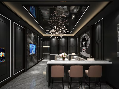 Modern KTV Interior Design With Bar Counter Chandelier TV Screens And Dark Decor 3d model
