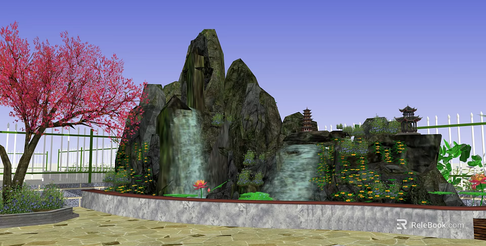 Garden Ornament Featuring Rockery Waterfall Red Cherry Blossoms Yellow Blooms Pagoda And Green Plants 3d model 