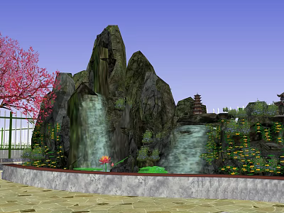 Garden Ornament Featuring Rockery Waterfall Red Cherry Blossoms Yellow Blooms Pagoda And Green Plants 3d model