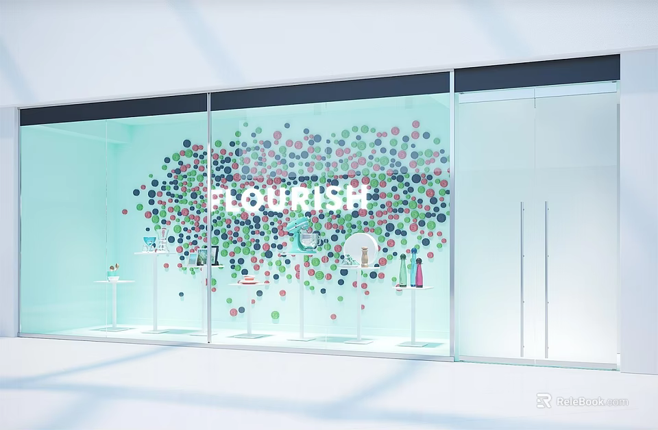 Modern Shop Window Display With Colorful Decorative Dots FLOURISH Signage And Stylish Decor 3d model 