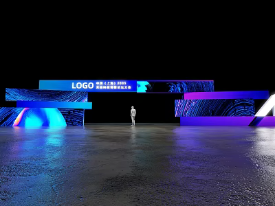 Illuminated Event Entrance Design With LOGO Display Blue Purple Lighting And LED Screen Panels 3d model