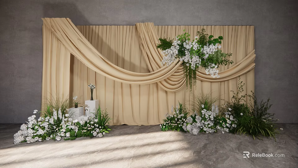 Elegant Banquet Hall Setup With Beige Drapery White Flowers And Greenery Decor 3d model 