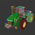 Green Tractor with Large Black Tires Yellow Rims and Spacious Cab on Dark Surface