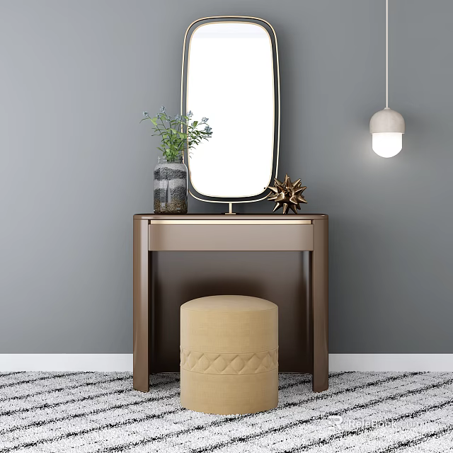 Brown Dressing Table with Gold Frame Mirror Vase Blue Flowers Star Decor and Woven Stool 3d model 