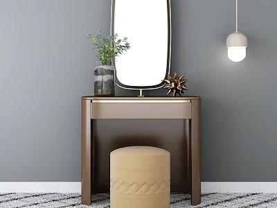 Brown Dressing Table with Gold Frame Mirror Vase Blue Flowers Star Decor and Woven Stool 3d model