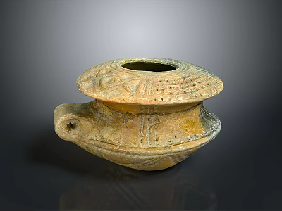 Ancient Clay Vessel With Carved Patterns Lid And Handle Earth Toned Design 3d model