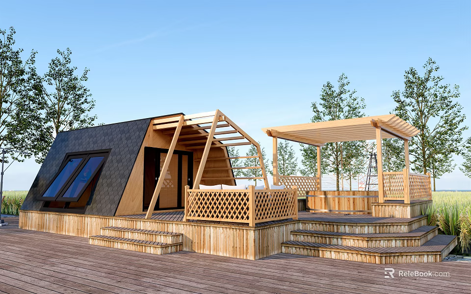 Modern Wooden House With Sloped Roof Wooden Deck And Pergola Surrounded By Trees 3d model 
