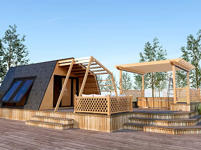 Modern Wooden House With Sloped Roof Wooden Deck And Pergola Surrounded By Trees 3d model
