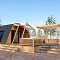 Modern Wooden House With Sloped Roof Wooden Deck And Pergola Surrounded By Trees